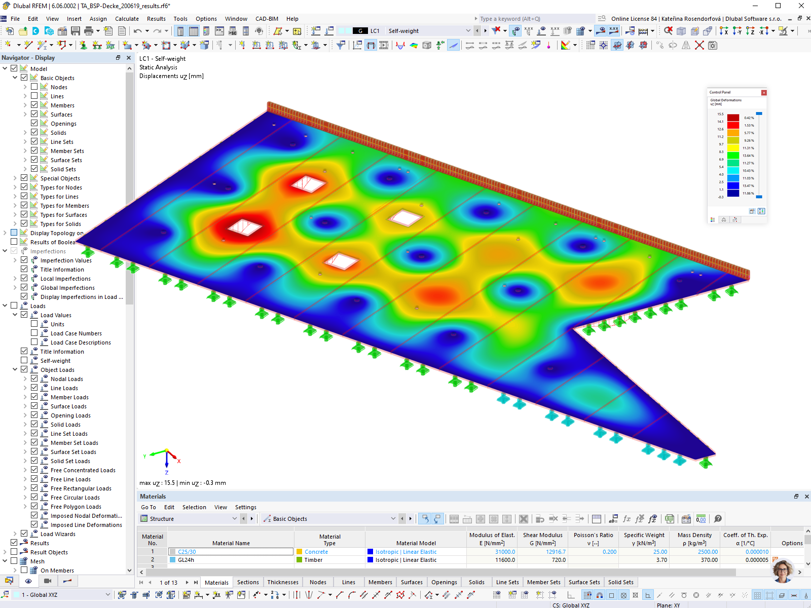 Cross-Laminated Timber Plate with Point Supports and Deformation in RFEM 6