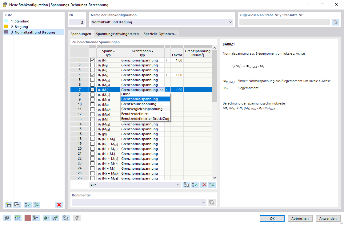 Dialog Box "Member Configuration": Specifying Stresses to Calculate