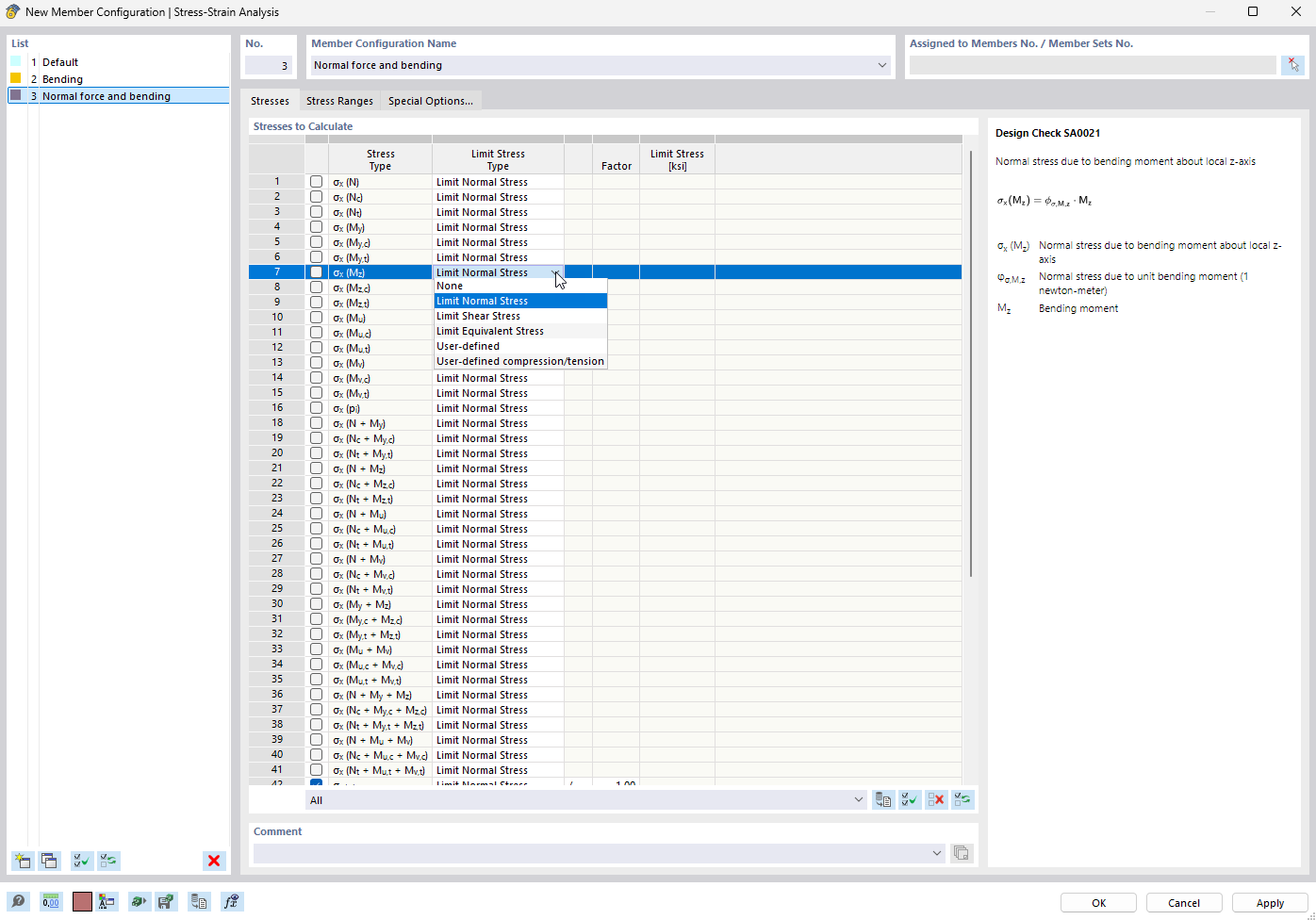"Member Configuration" dialog box: Define stresses to be calculated