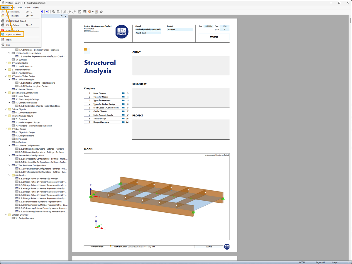 FAQ 005519 | How can I export a printout report to Microsoft Word or Excel in RFEM 6 / RSTAB 9?