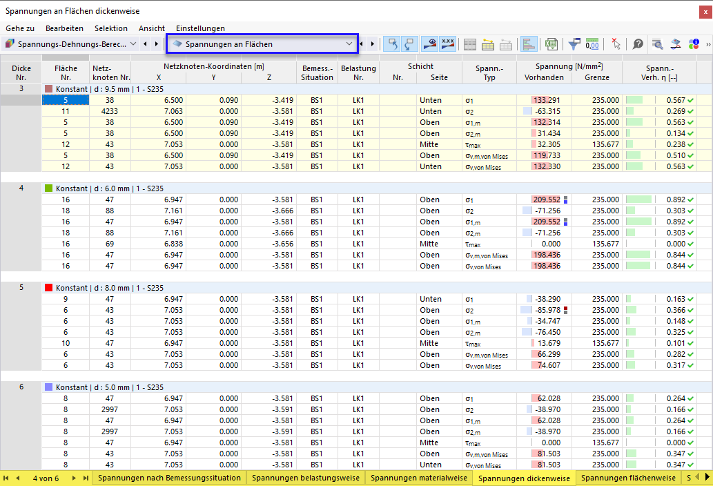 Result Tables "Stresses on Surfaces" for Stress-Strain Analysis