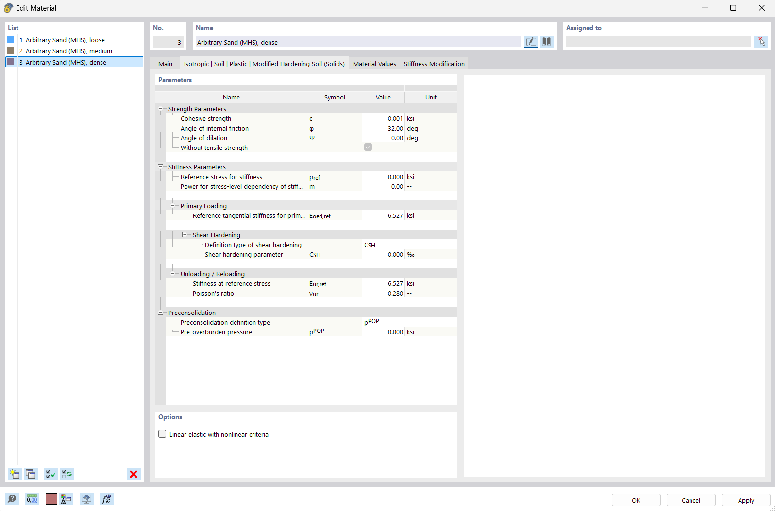 Input Dialog Box – Modified Hardening Soil Model