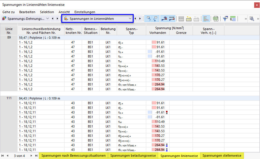 Result Tables "Stresses in Line Welds" for Stress-Strain Analysis