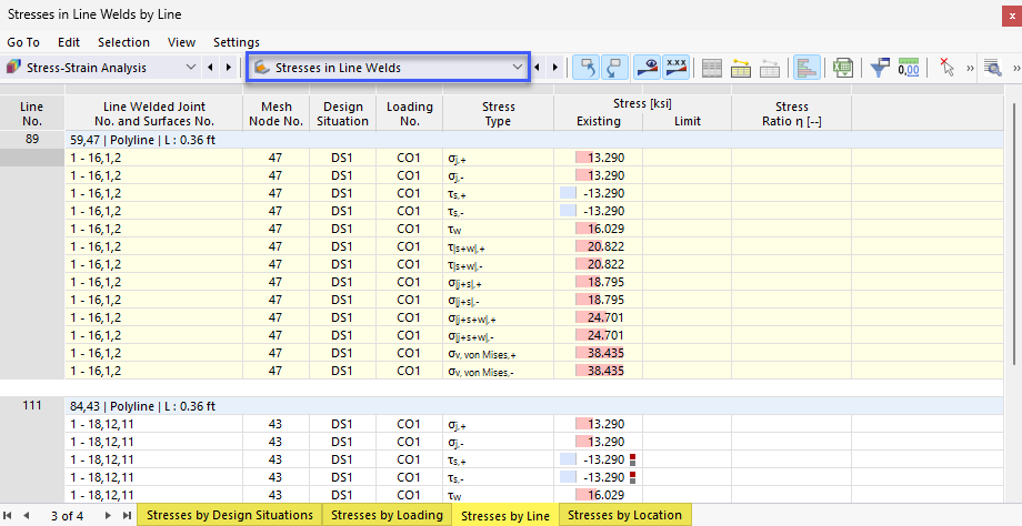 Result tables "Stresses in line welds" for stress-strain analysis