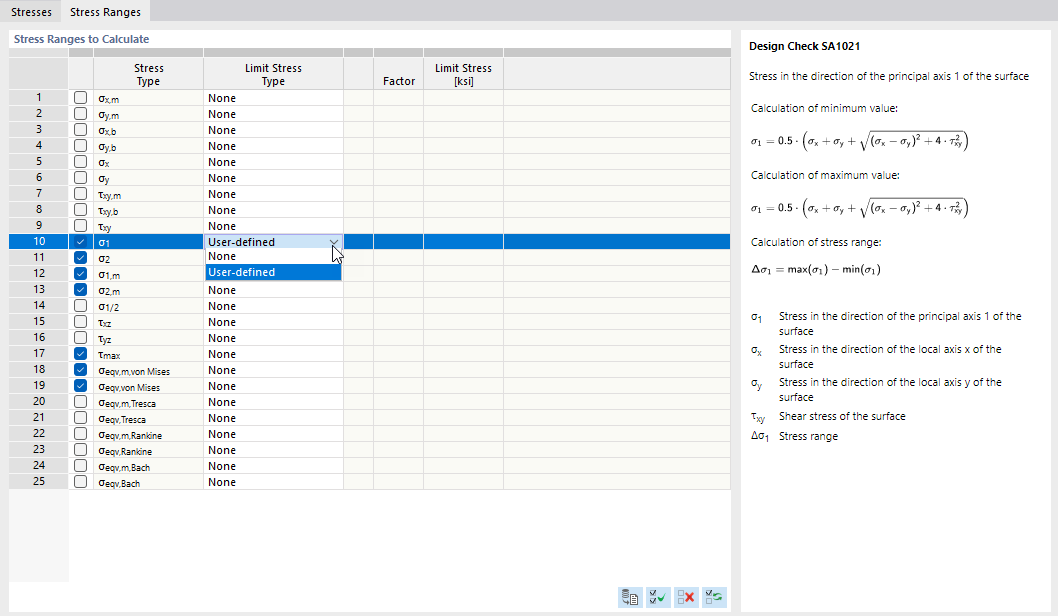 Specify stress range to be calculated