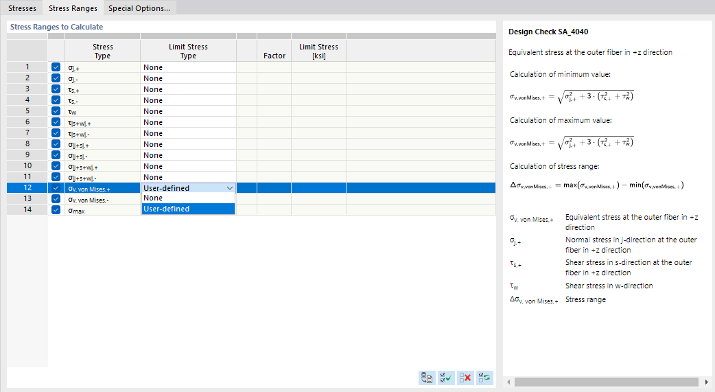 Specifying Stress Range Increments to Calculate