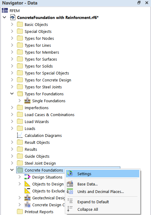 Shortcut Menu of Category "Concrete Foundations" in Navigator