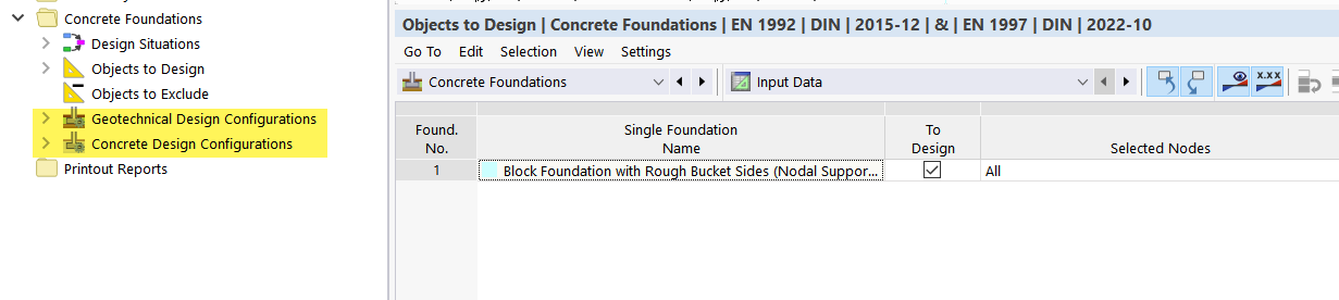 Design Configurations in "Concrete Foundations" Category in Navigator