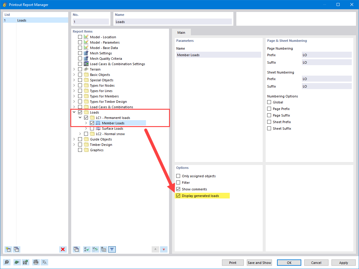 FAQ 005562 | When creating a printout report, is there any option to display the values of loads generated by load transfer surfaces?