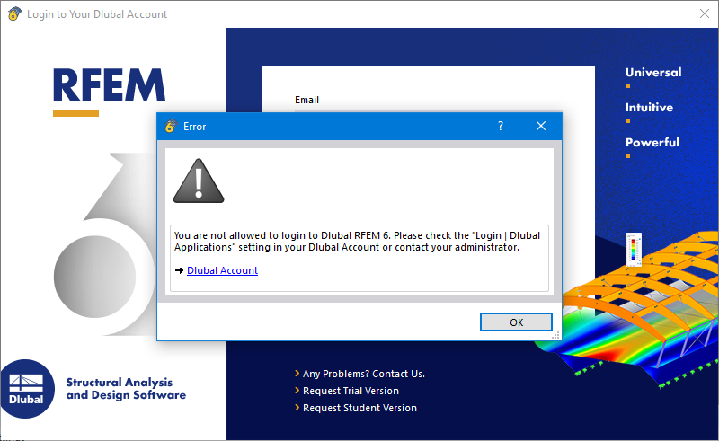 FAQ 005568 | I would like to use my account for RFEM 6 / RSTAB 9, but apparently I'm not authorized to do so.