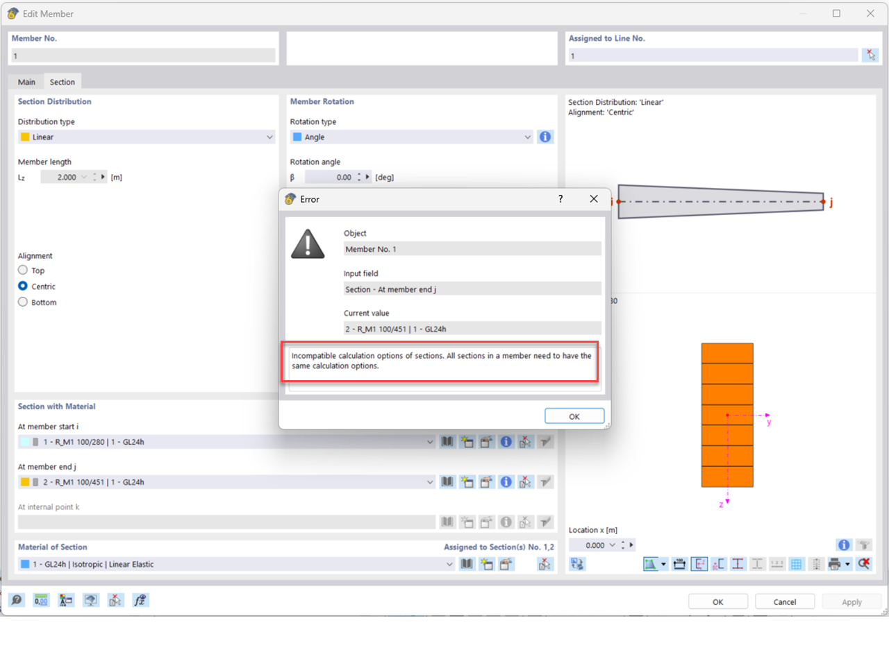 FAQ 005585 | What is the meaning of the error message "Incompatible calculation options" for members with linear section distribution (tapers)?