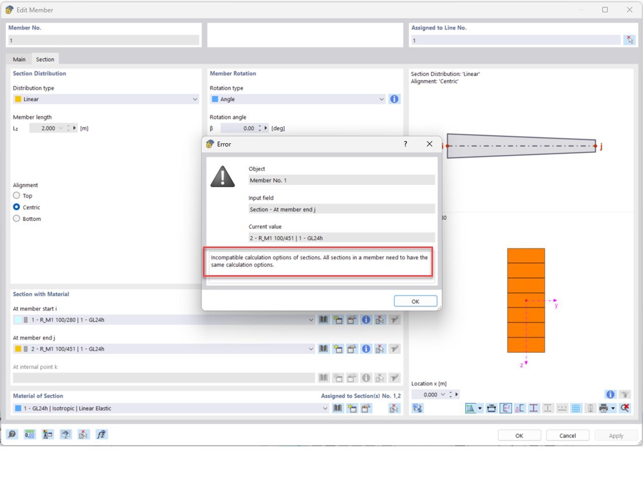 FAQ 005585 | What is the meaning of the error message "Incompatible calculation options" for members with linear section distribution (tapers)?