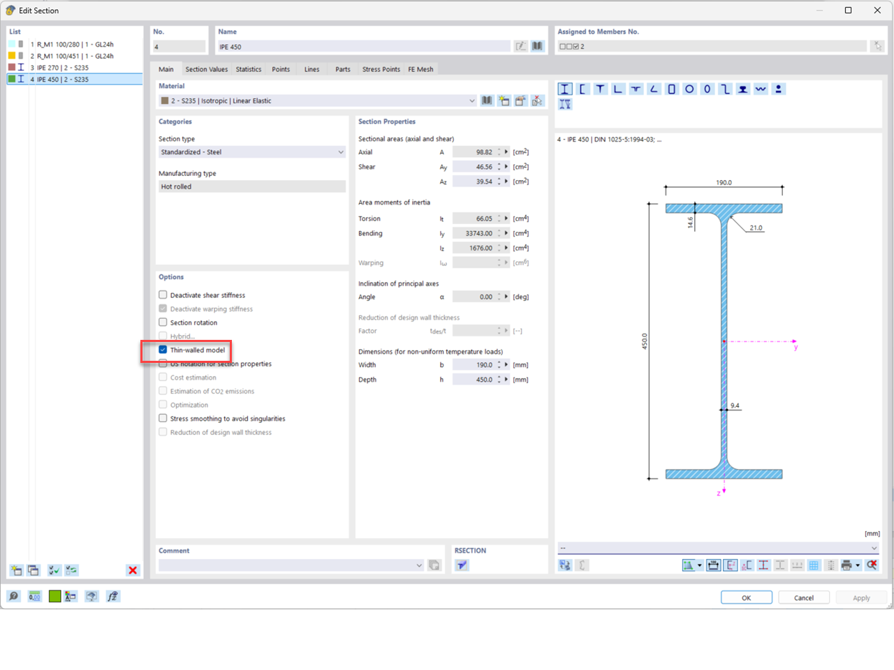 FAQ 005585 | What is the meaning of the error message "Incompatible calculation options" for members with linear section distribution (tapers)?