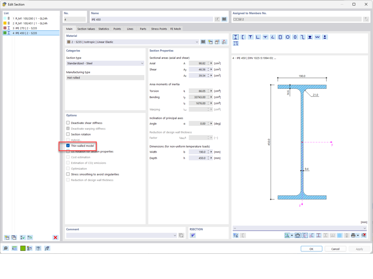 FAQ 005585 | What is the meaning of the error message "Incompatible calculation options" for members with linear section distribution (tapers)?