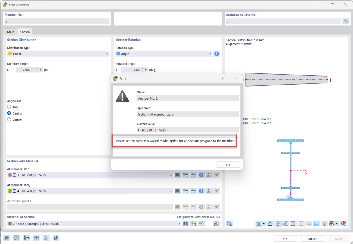 FAQ 005585 | What is the meaning of the error message "Incompatible calculation options" for members with linear section distribution (tapers)?