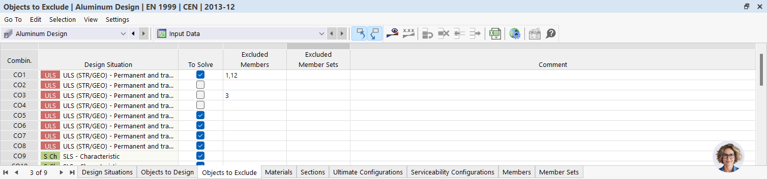 Input table for objects to be excluded from combined structural analysis in aluminum design