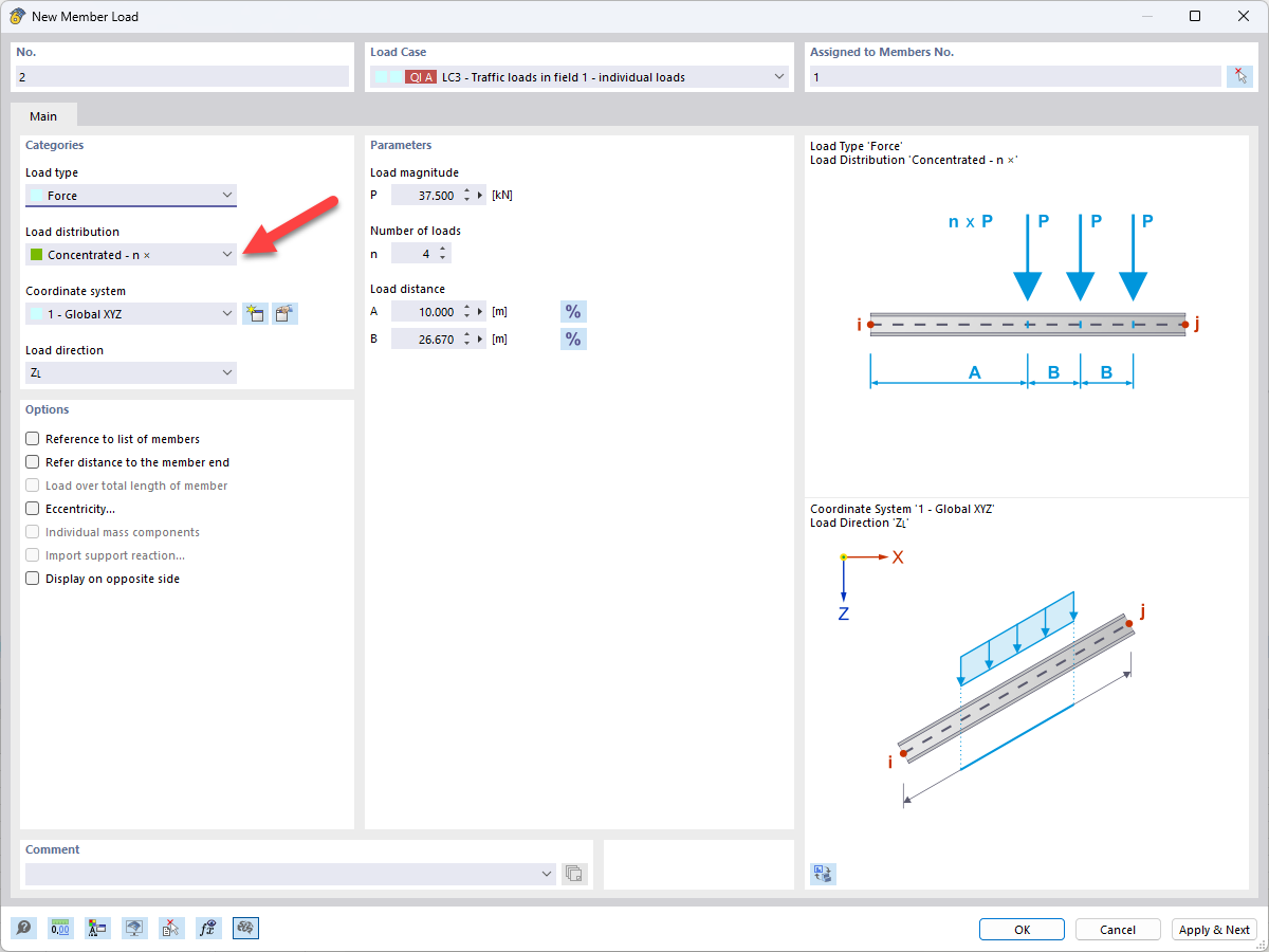 Editing Member Load – Load Type: Force – Load Distribution: Concentrated – nx