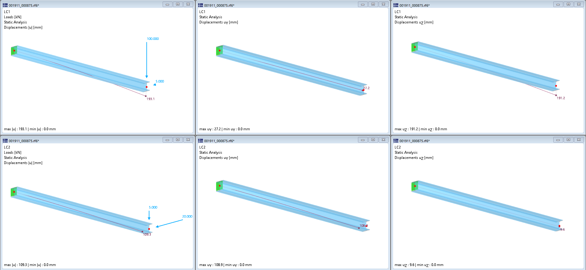 Deformations of Cantilever in Load Cases 1 and 2