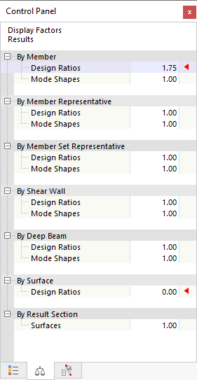 Display factors for design results in the control panel