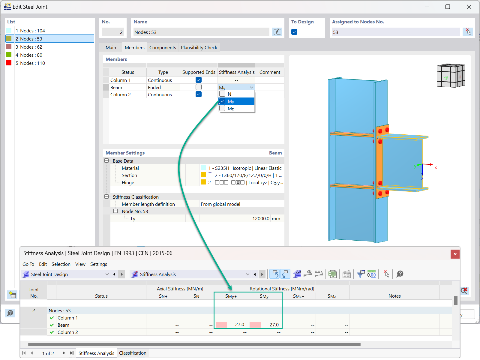 Initial stiffness analysis with internal forces in engineering software