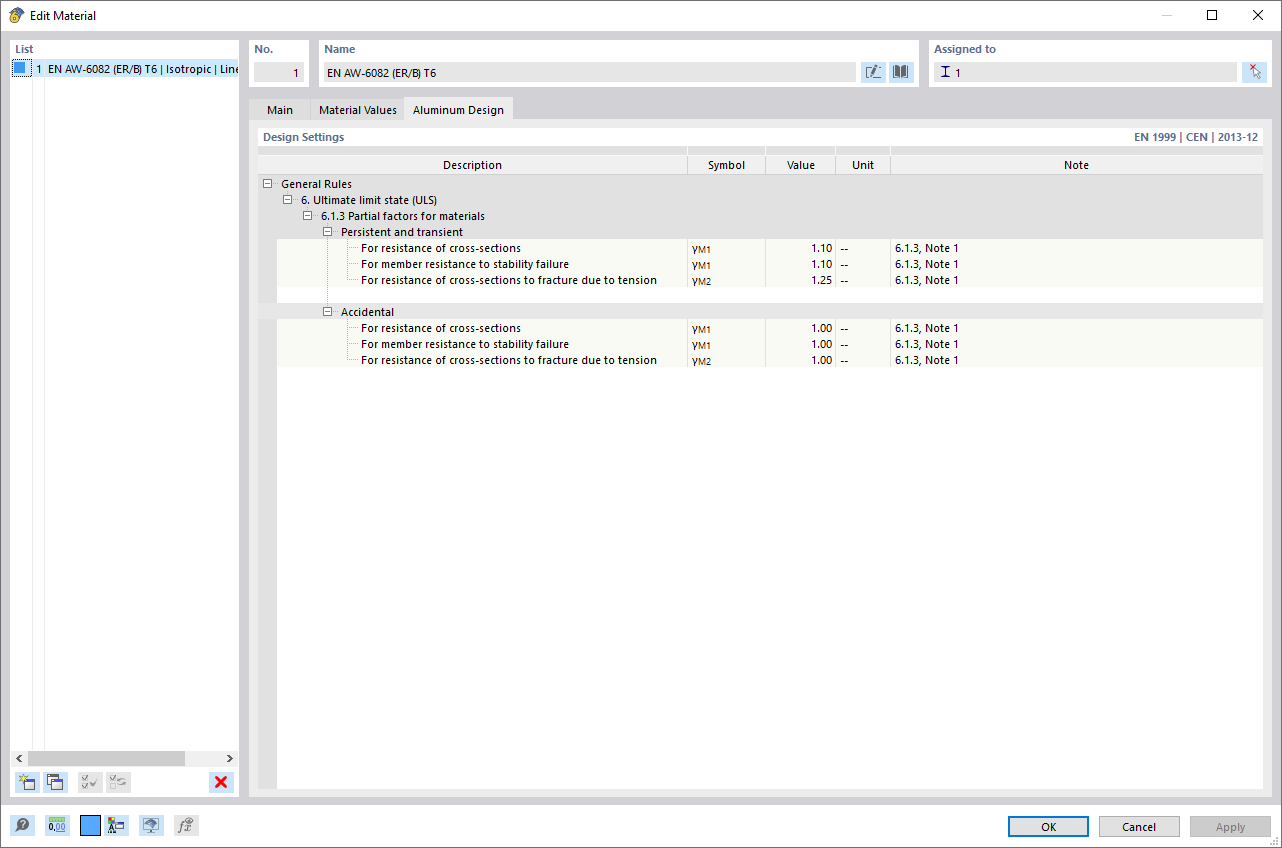 'Edit Material' dialog, Aluminum design according to EN 1999-1-1