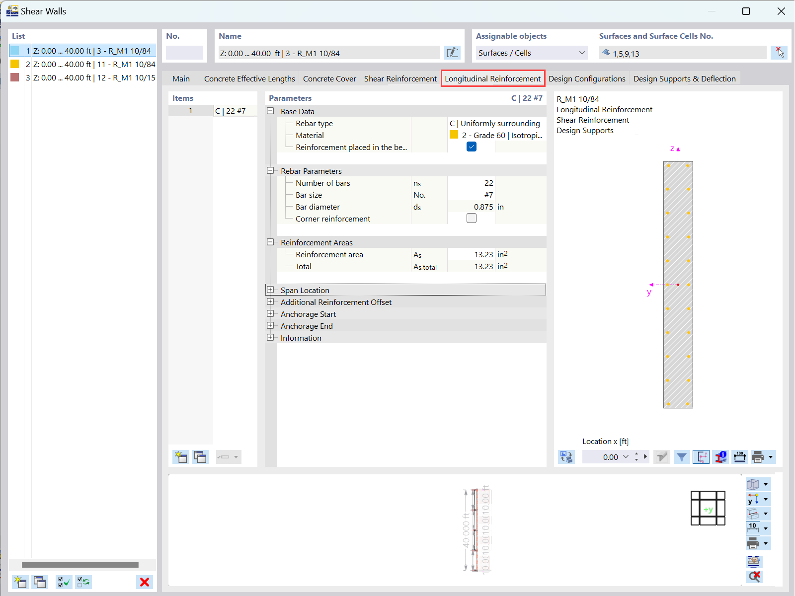 Detailed view of longitudinal reinforcement design in Dlubal software.