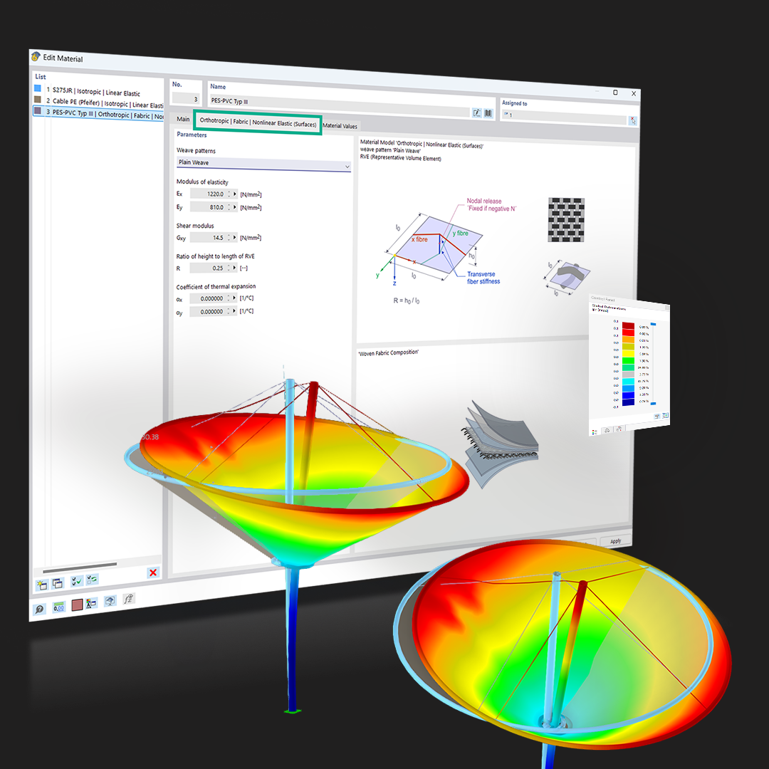 Product Feature | Nonlinear Material Behavior | Orthotropic | Fabric | Nonlinear Elastic (Surfaces)