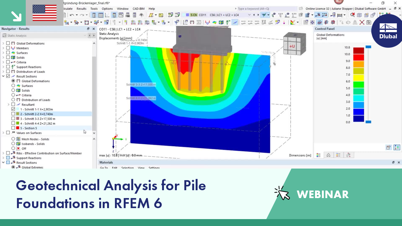 Geotechnical analysis webinar on pile foundations using RFEM 6 software.