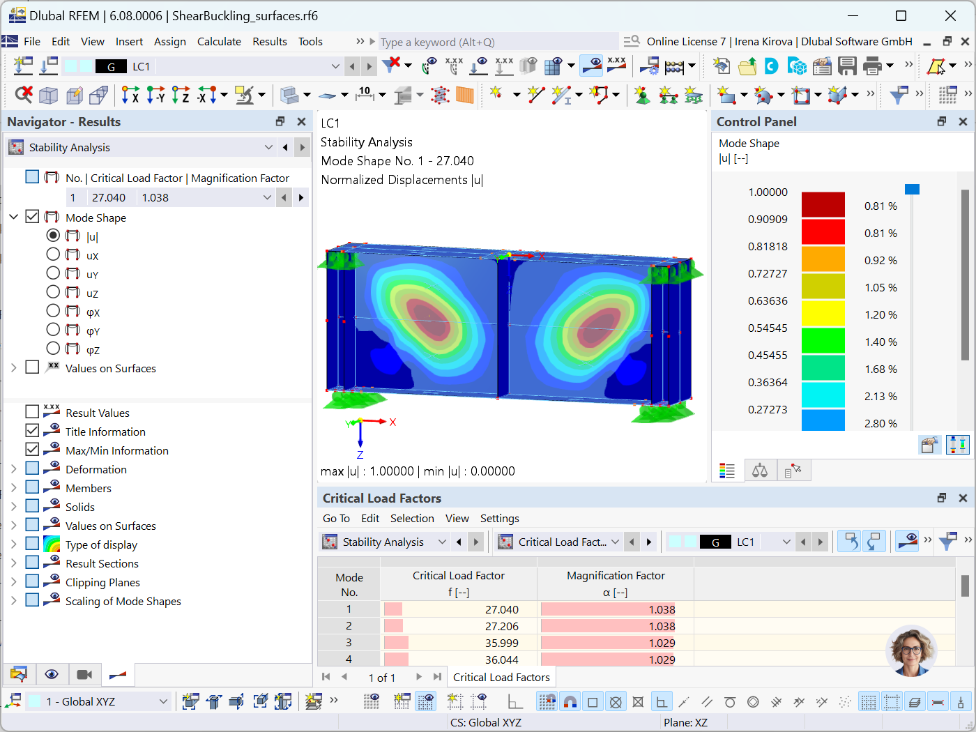 Structural model showing shear buckling analysis using Dlubal software.