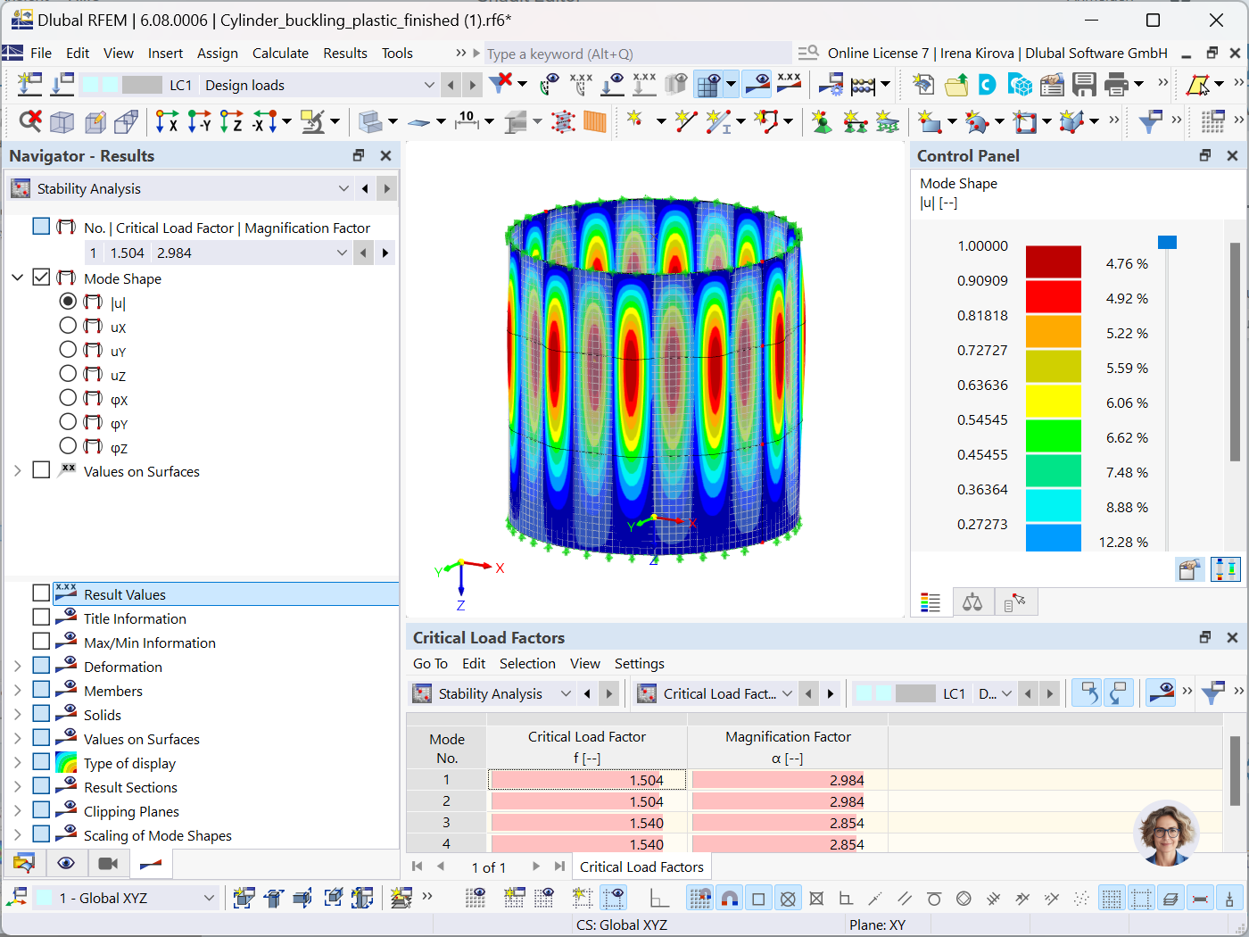 Shell buckling example with Dlubal software visualization.