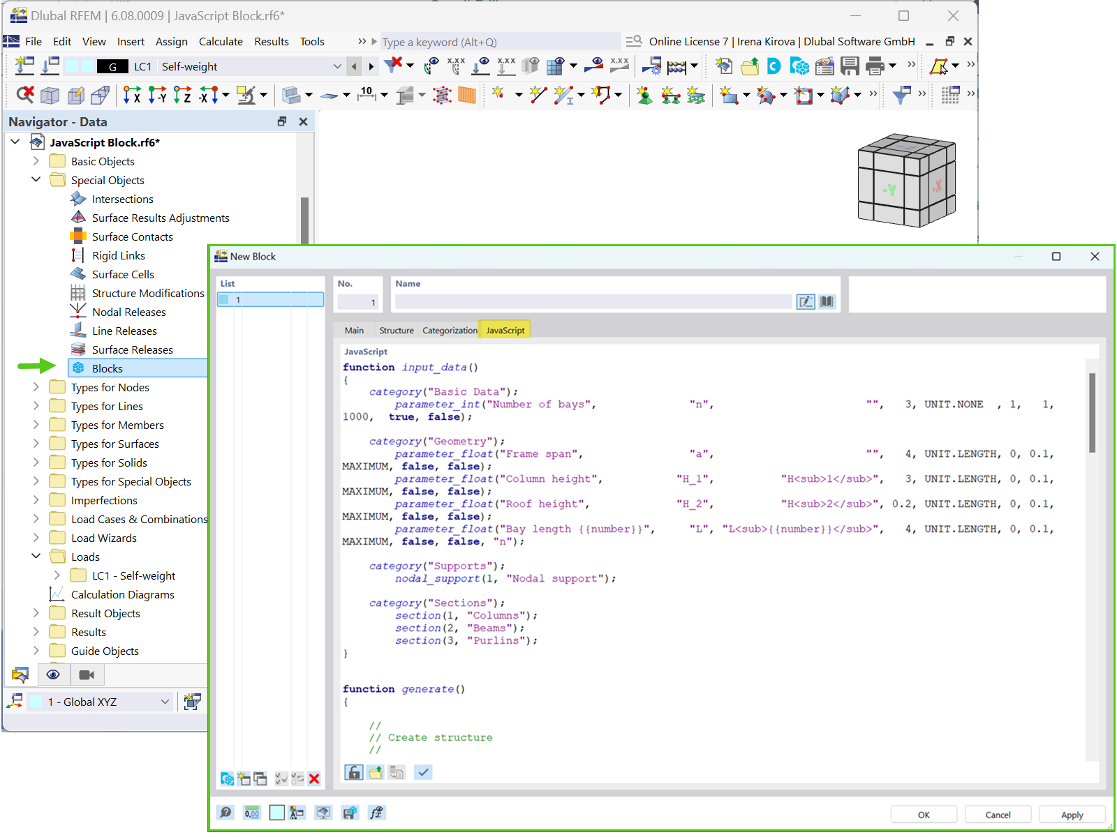 Dlubal Software dialog box interface showing JavaScript editing for structural engineering.