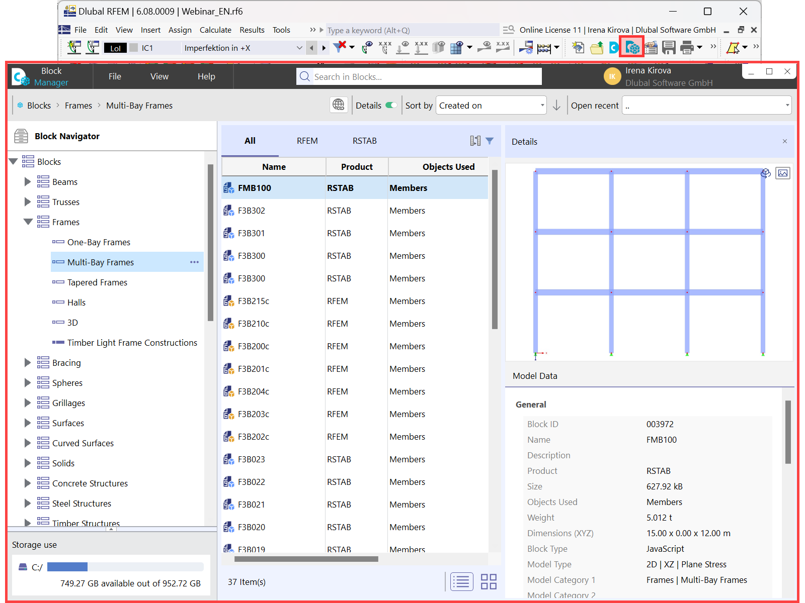 Dlubal's Block Manager user interface showcasing structural elements.