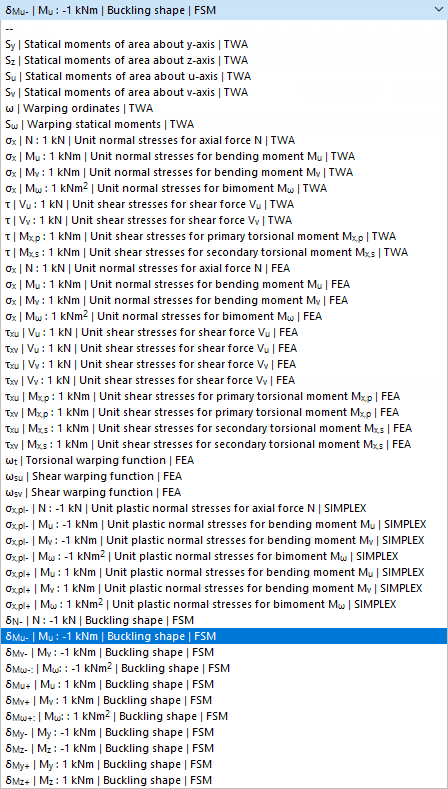 List of Cross-Section Properties, Unit Stresses, and Buckling Modes per FSM (Finite Strip Method)