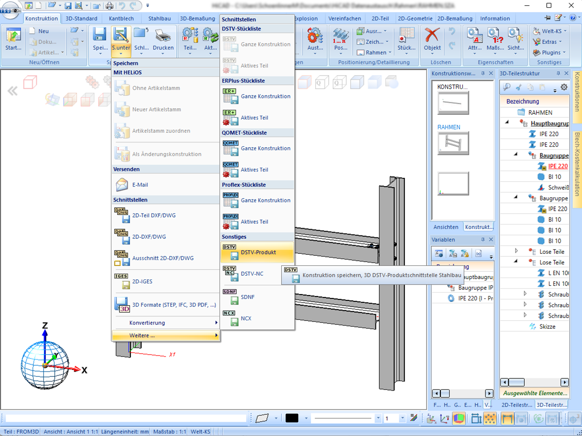 HiCAD Export in DSTV Format for Structural Projects