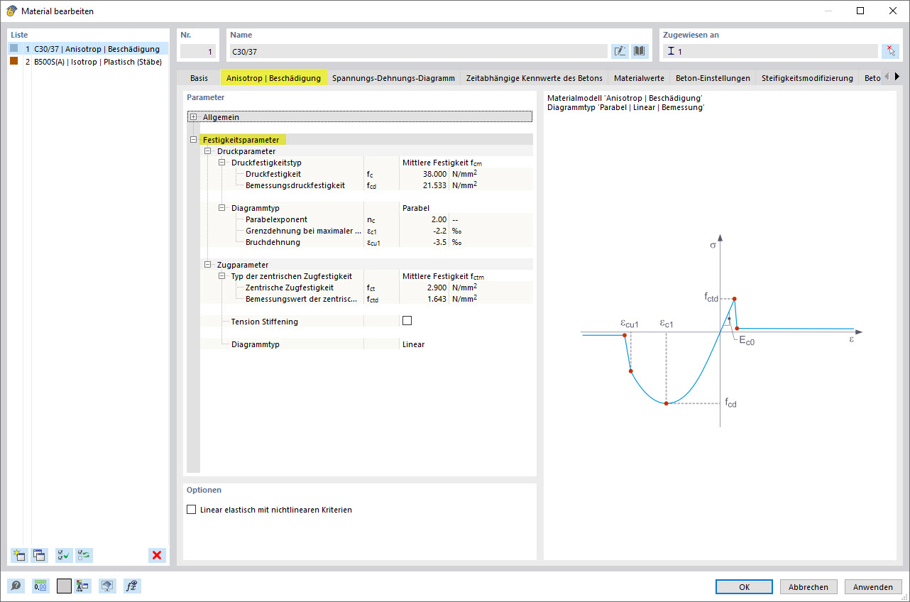 Concrete Material Model "Anisotropic | Damage" – Definition of Strength Parameters