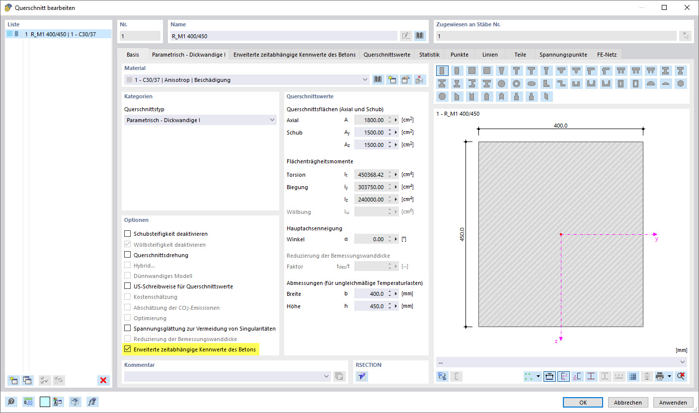 Dialog Box "Edit Cross-Section" | Option to Activate Advanced Time-Dependent Properties of Concrete