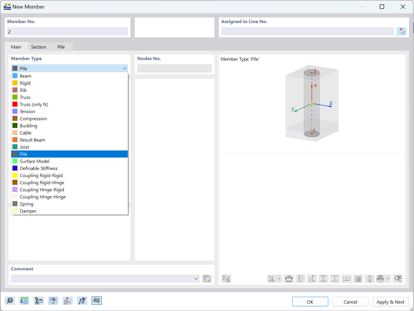 Interface showing pile member type selection in engineering software