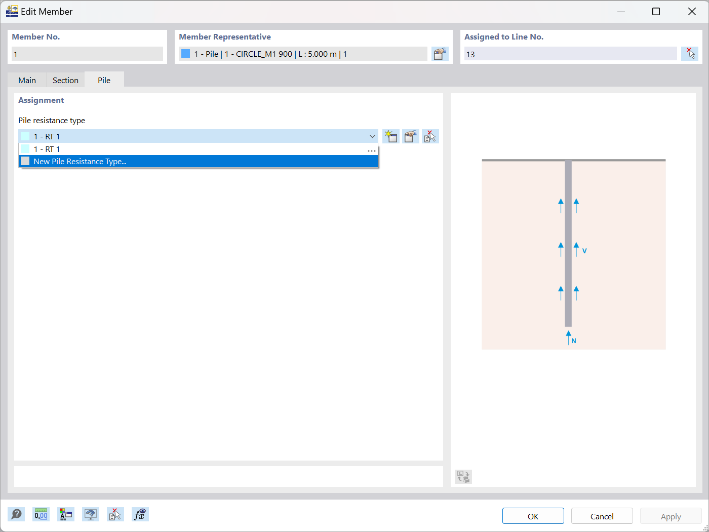 Interface showing pile resistance type selection in engineering software