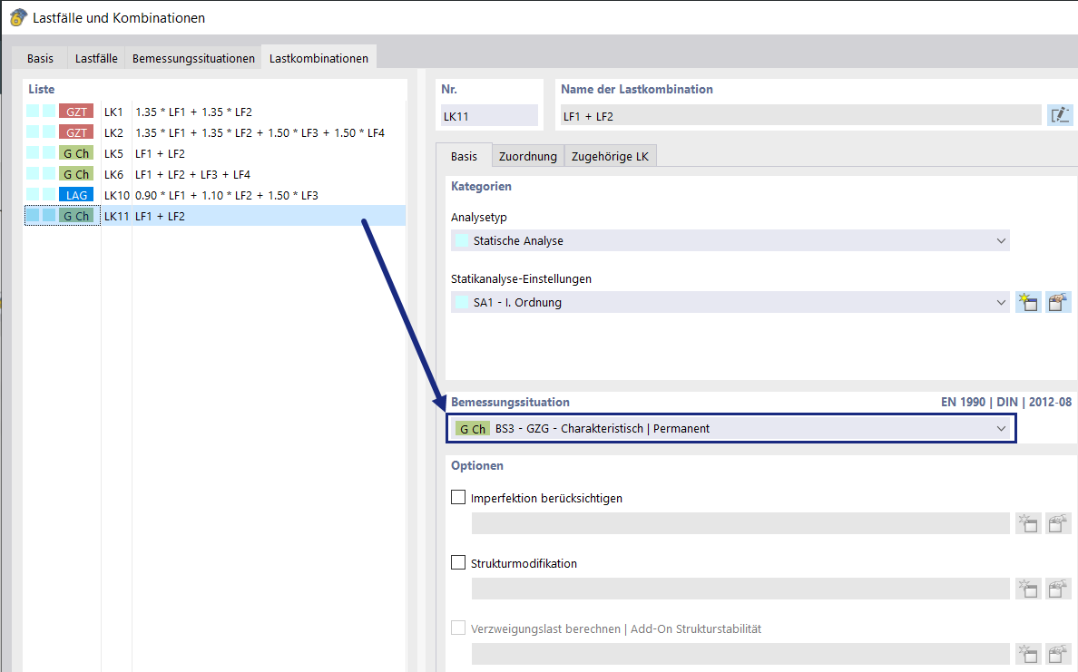 Image of a user interface for assigning a new design situation to load combinations