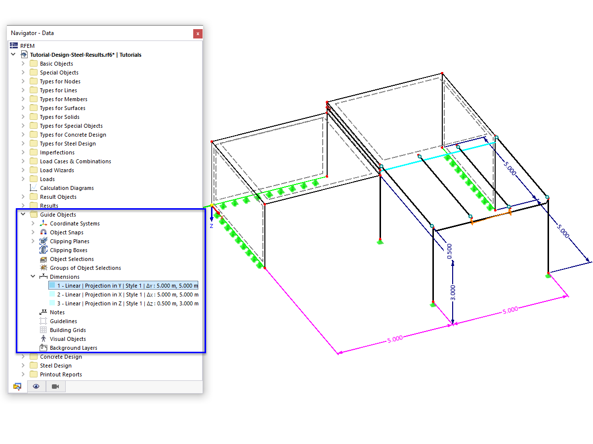 RFEM Navigator shows dimension management in the category of guide objects.