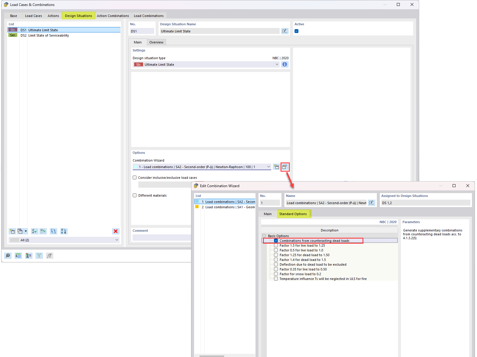 FAQ 005645 | How can I add counteracting dead loads (0.9 D) in NBC load combinations?