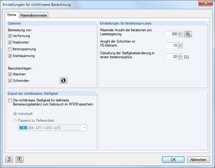 Dialog box for nonlinear calculation options in the Tools tab