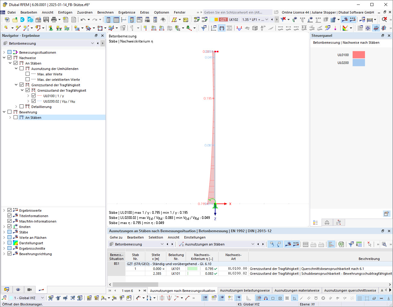 Concrete Design Results in ULS According to General Method, EC 2 5.8.6