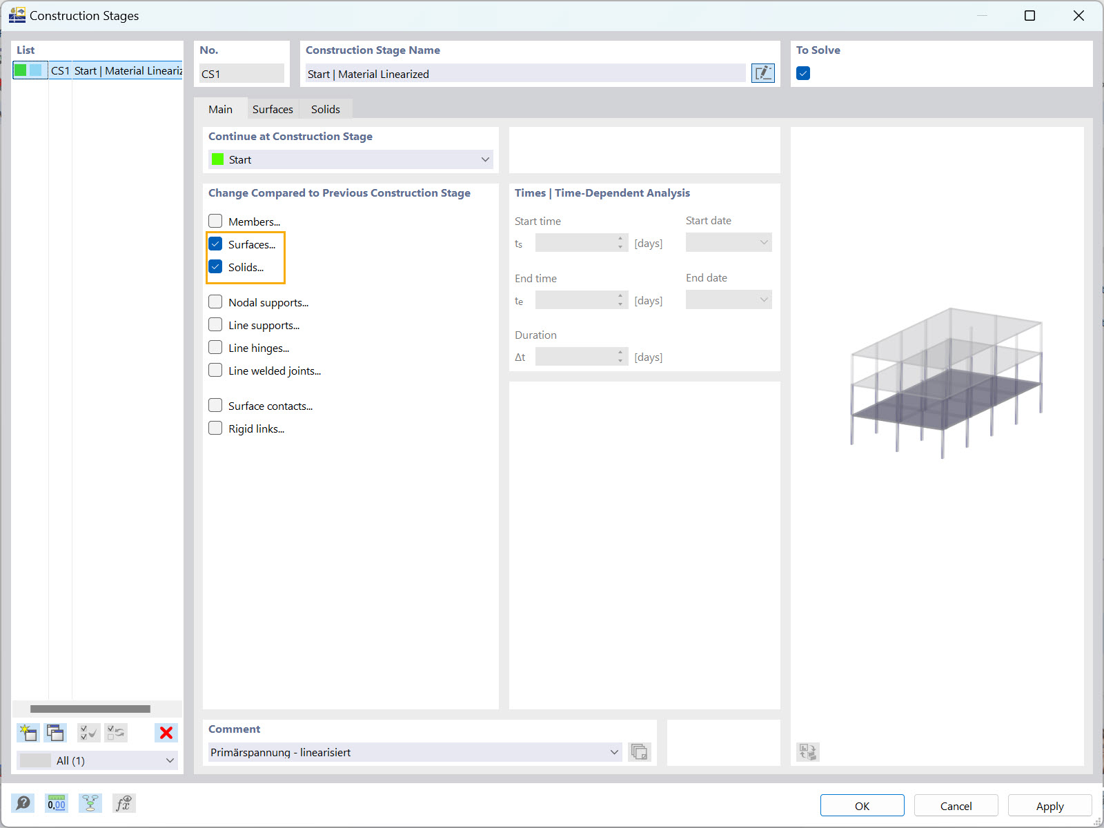 RFEM 6 interface showing object selection for construction stage changes