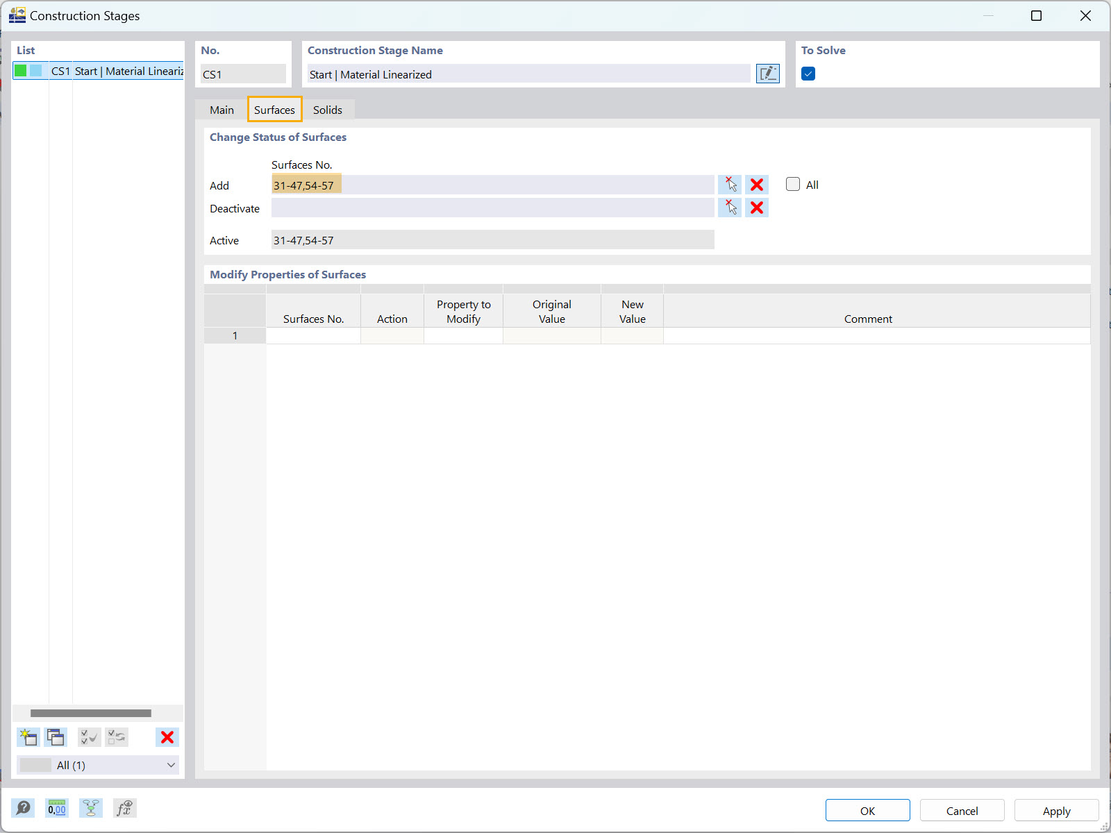 Changing surface status in RFEM 6 construction stage