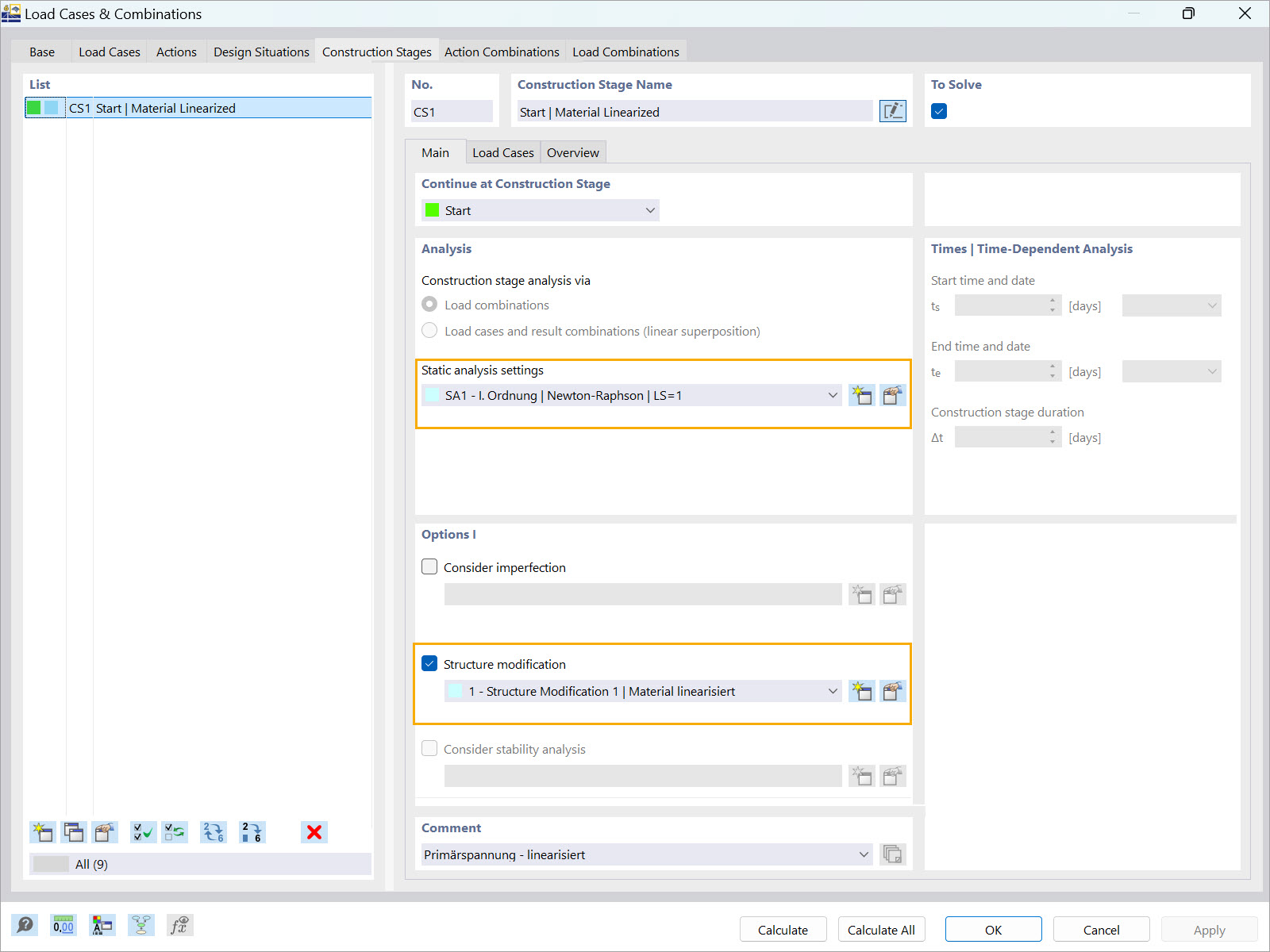 This image shows the "Main" tab of the "Construction Stages" window within "Load Cases and Combinations" in RFEM 6.