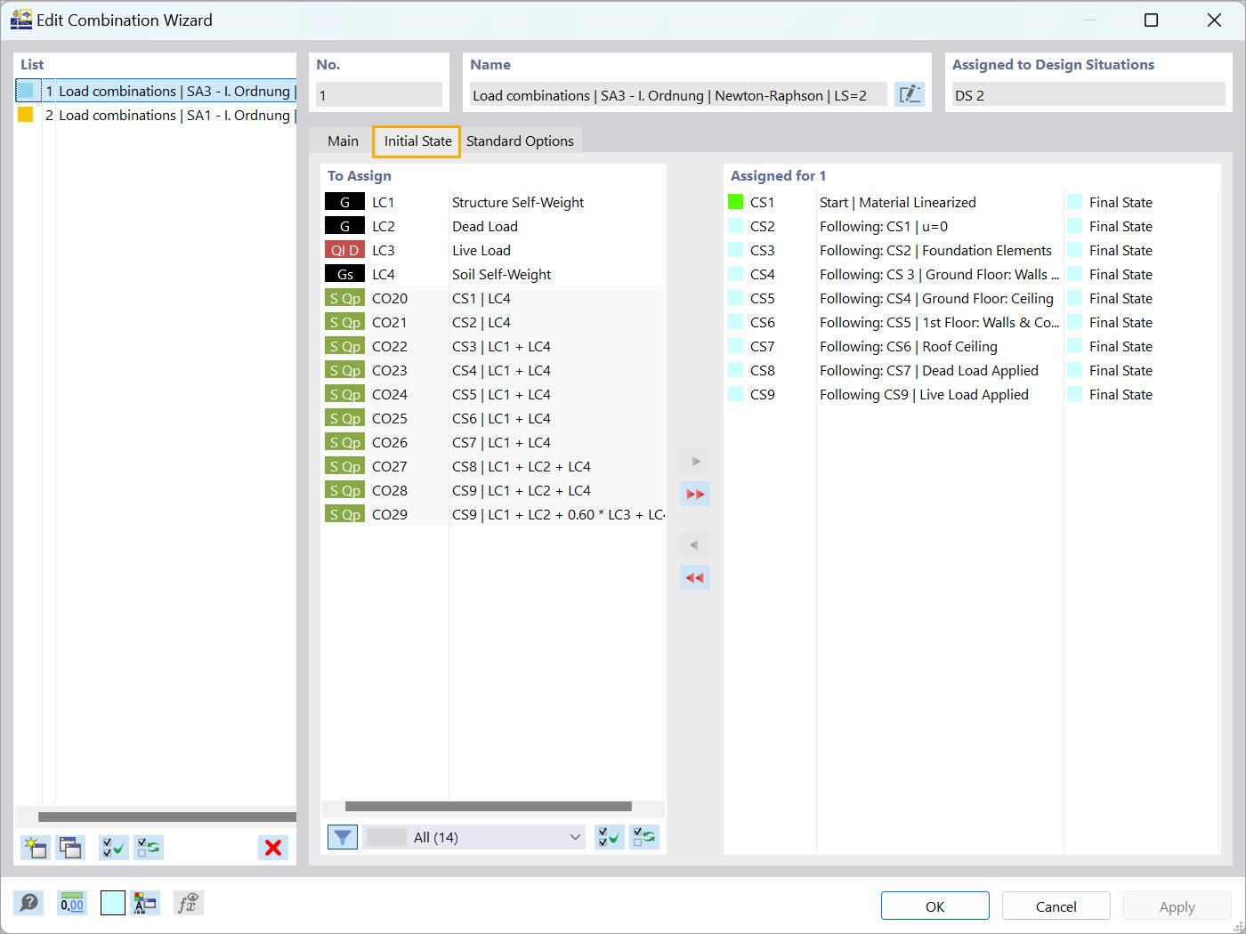 RFEM 6 Combination Wizard for construction stage load settings