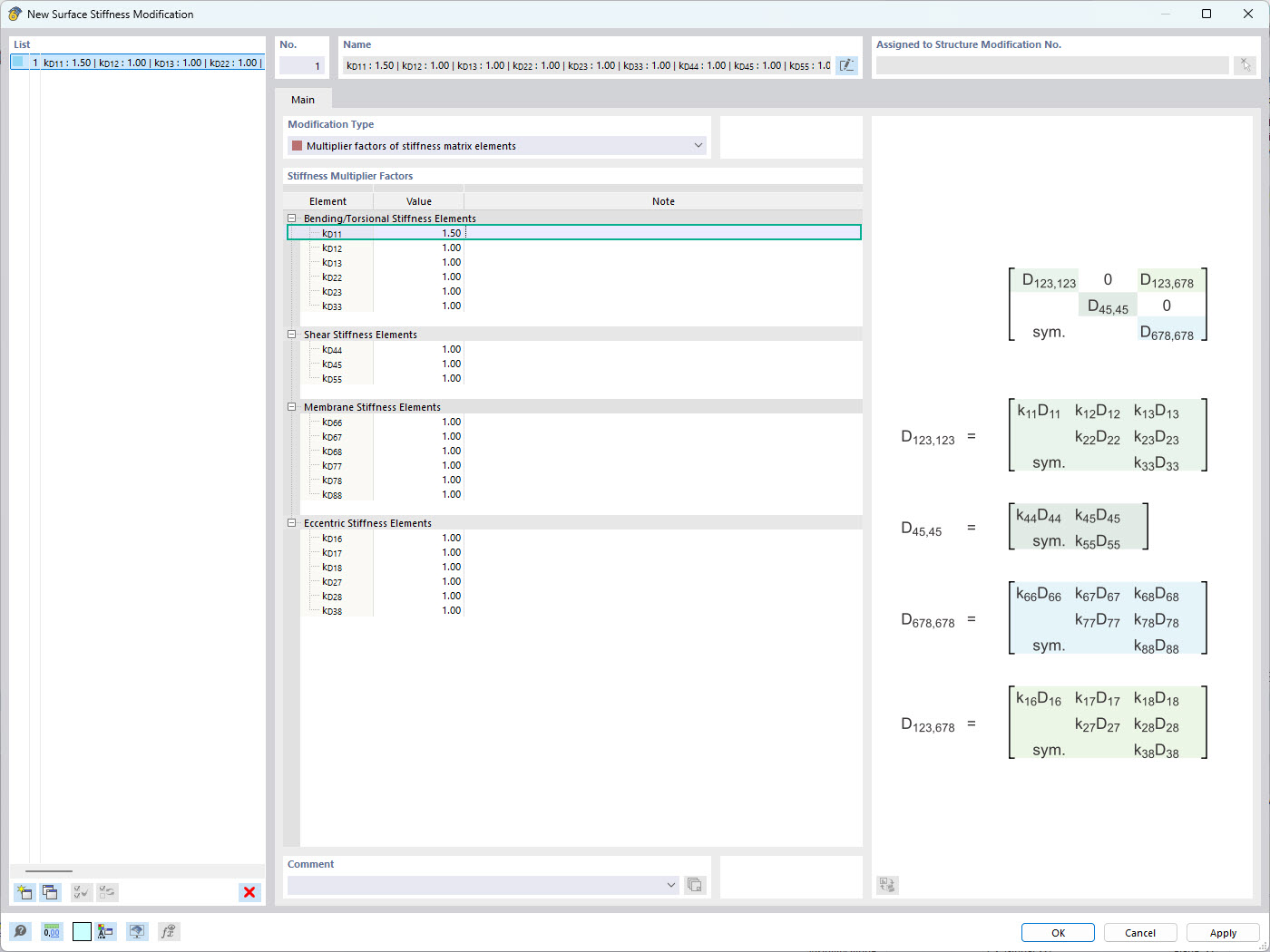 RFEM 6 interface showing element-specific stiffness modification settings