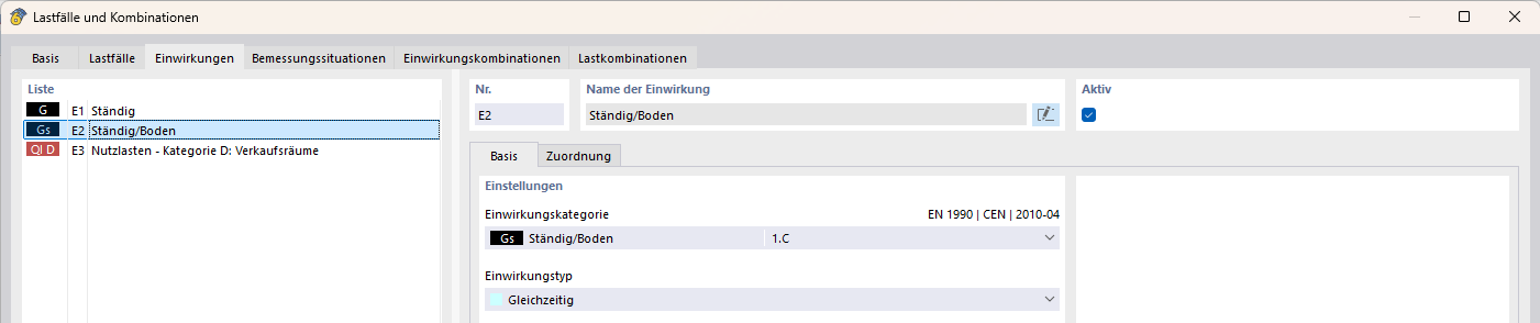 Input window for the action category Permanent/Soil | Selecting soil, self-weight, soil solid and load case