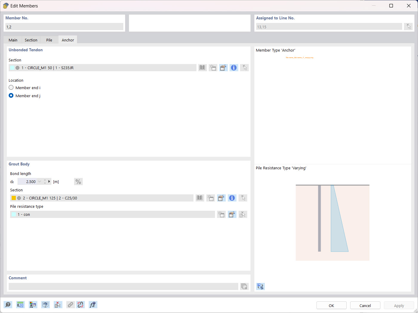 The image shows the Anchor member type, which is supported in the soil solid and allows for the input of parameters for the tension member part and grout body.